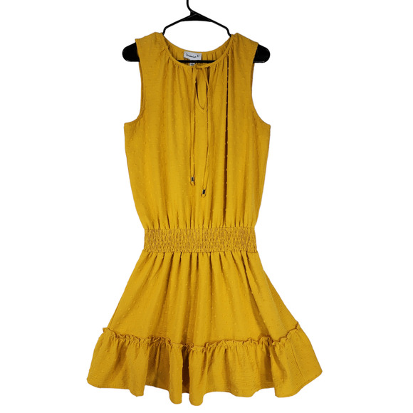 Veronica M. Mini Dress L Women Mustard Yellow Swiss Dot Ruched Ruffle Sleeveless - Picture 1 of 15